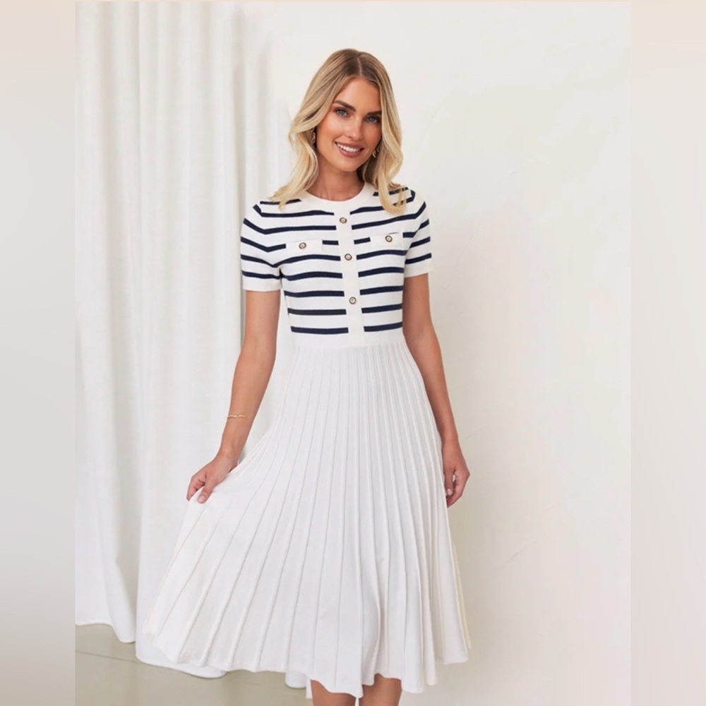 Nautical Stripe Knit Midi Dress - Ivory & Navy - Size M